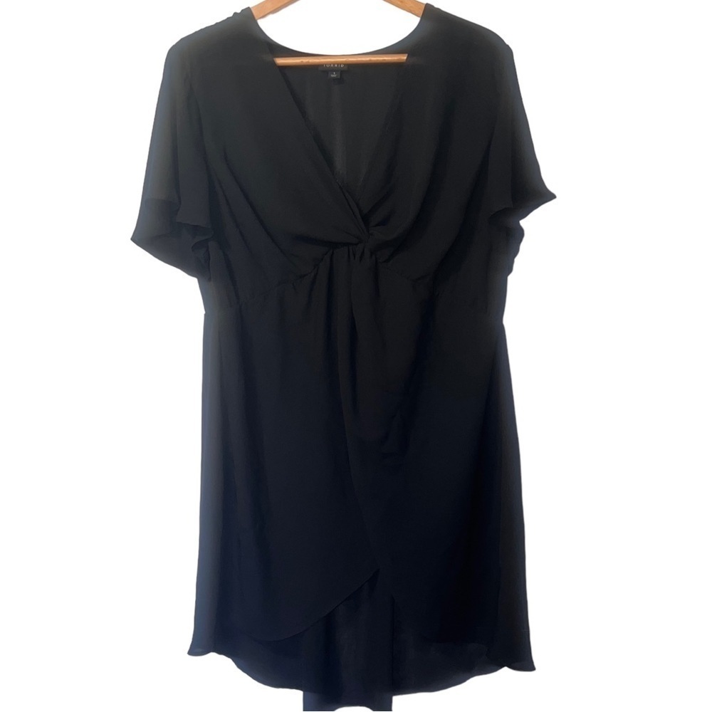 Torrid V-Neck Twist Front Flutter Sleeve High Low Hem Midi Dress Black 1X